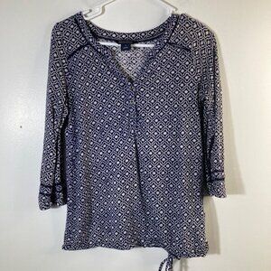Womens‎ Lucky Brand V Neck Tie Elastic Hem Tops Blue White Pattern S